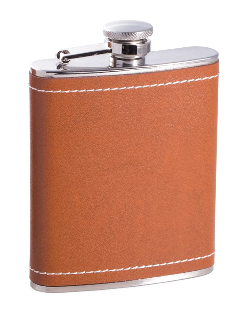Bey-berk 6oz Stainless Steel Saddle Brown Leather & White Stitch Flask