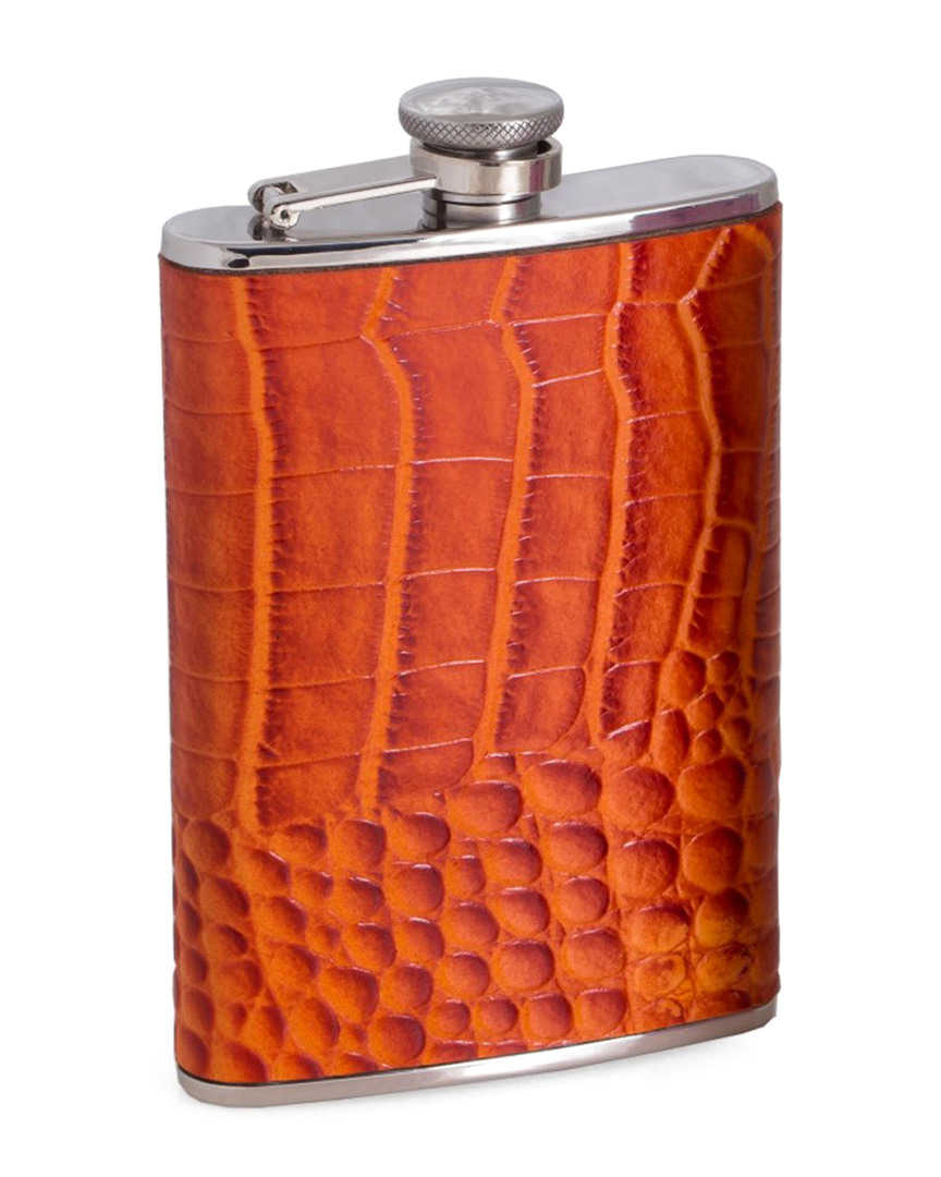 Bey-berk 8oz Stainless Steel Orange Croco Leather Flask