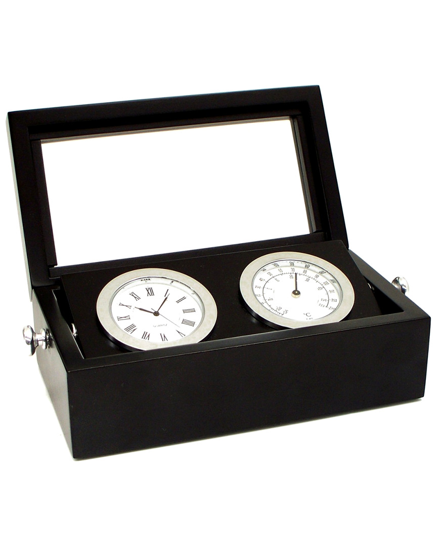 Bey-berk Chrome Clock & Thermometer In Black Hinged Box
