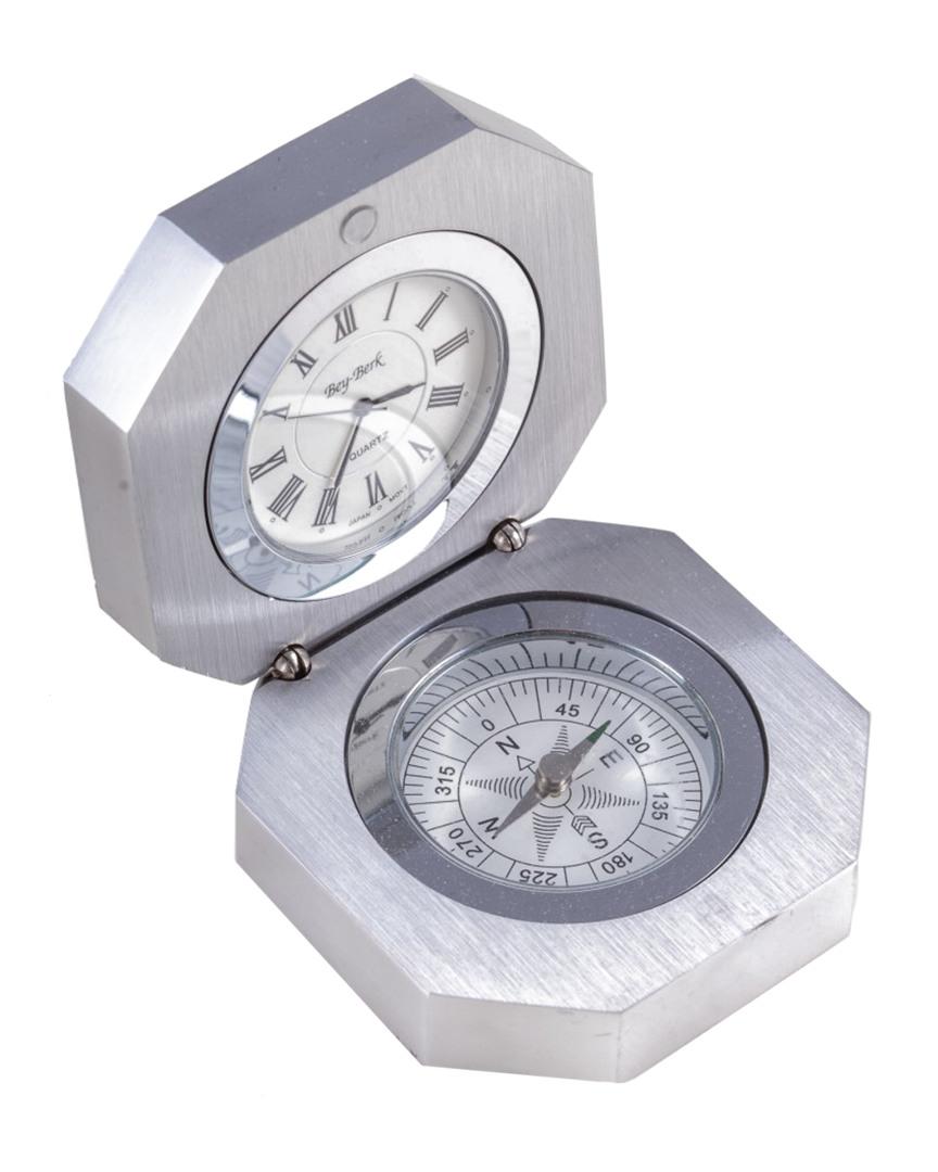 Bey-berk Compass & Clock In Stainless Steel Hinged Case