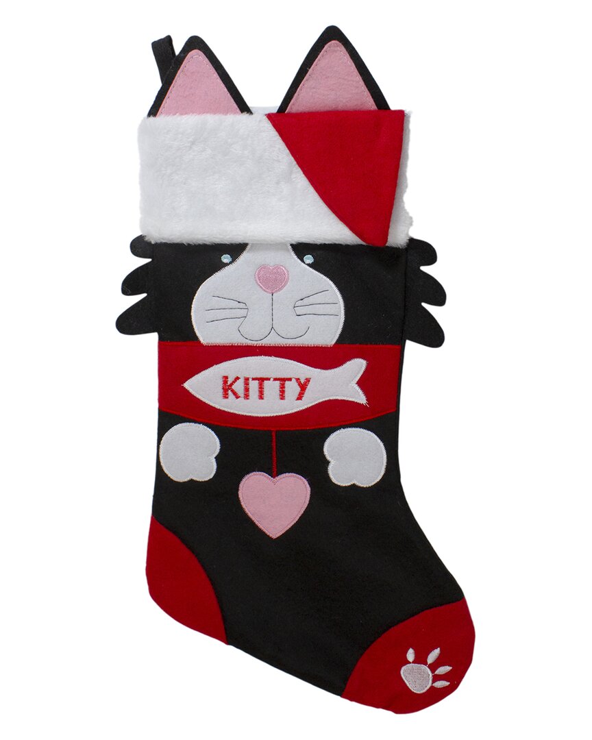 Northern Lights Northlight 19.5in Black And Red Embroidered Kitty Cat Christmas Stocking In Black