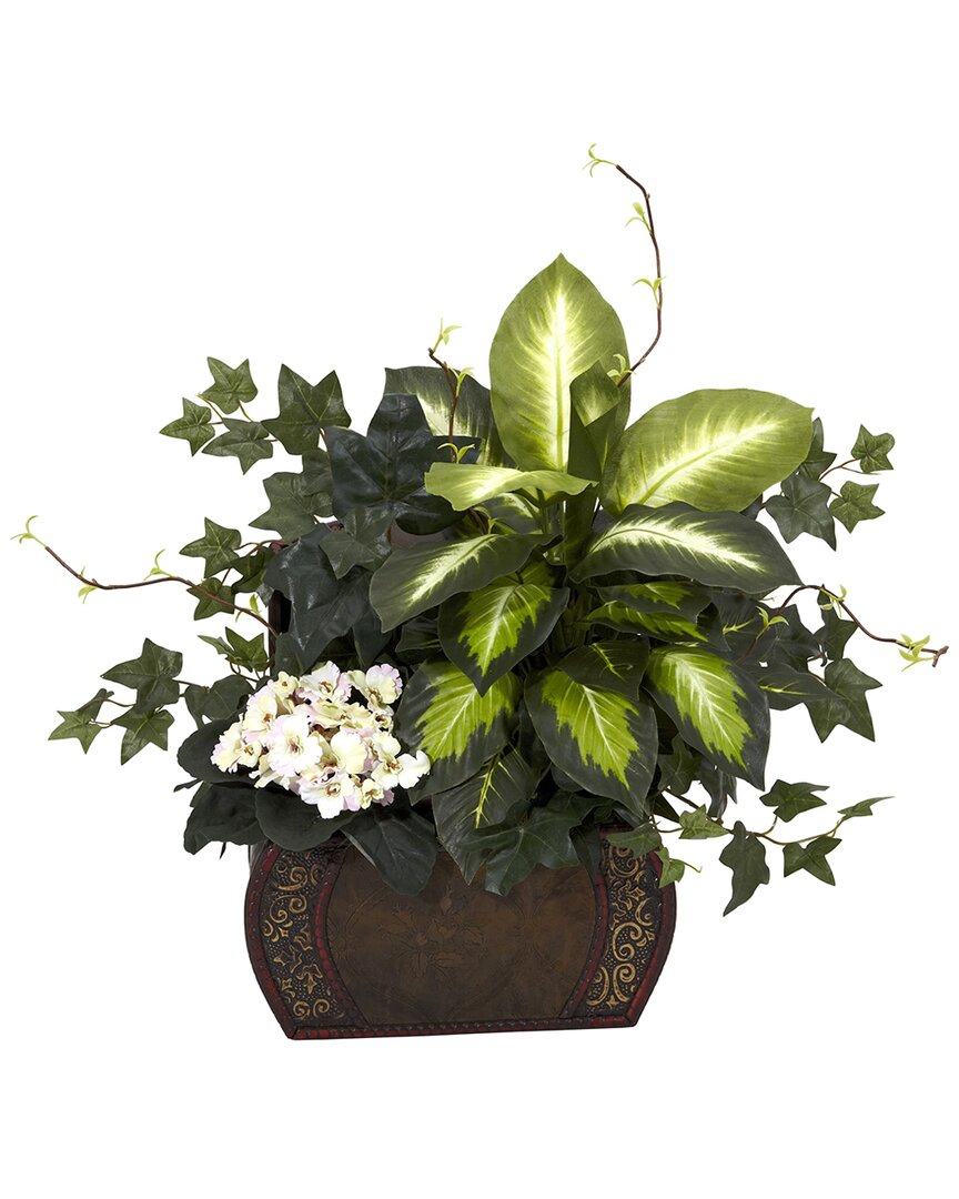 Nearly Natural African Violet, Dieffenbachia & Ivy With Chest Silk Plant In Green