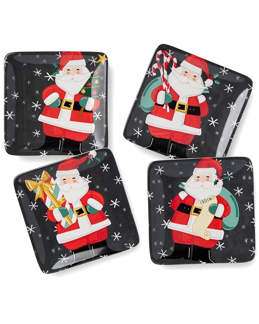 Certified International Christmas Whimsy Santa Set Of 4 Canape Plates In Black