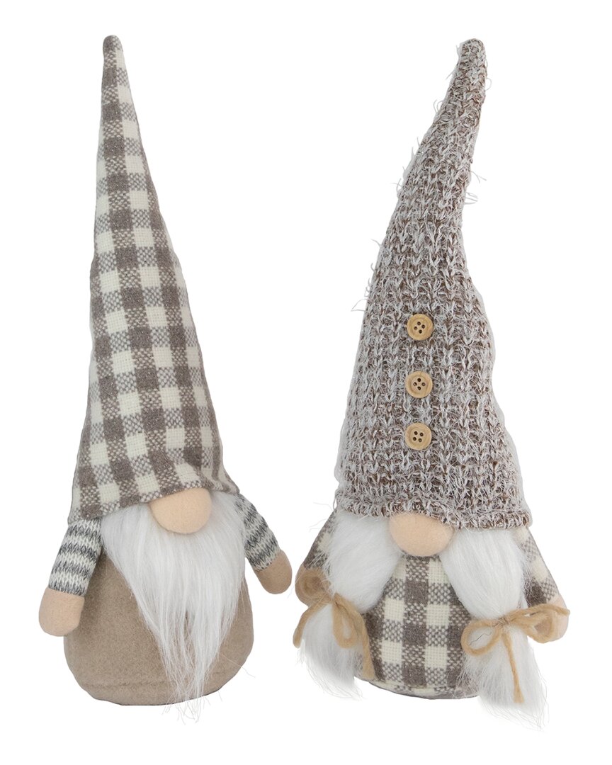 Northern Lights Northlight Set Of 2 Beige And White Gingham Nordic Christmas Gnomes 13in In Beige