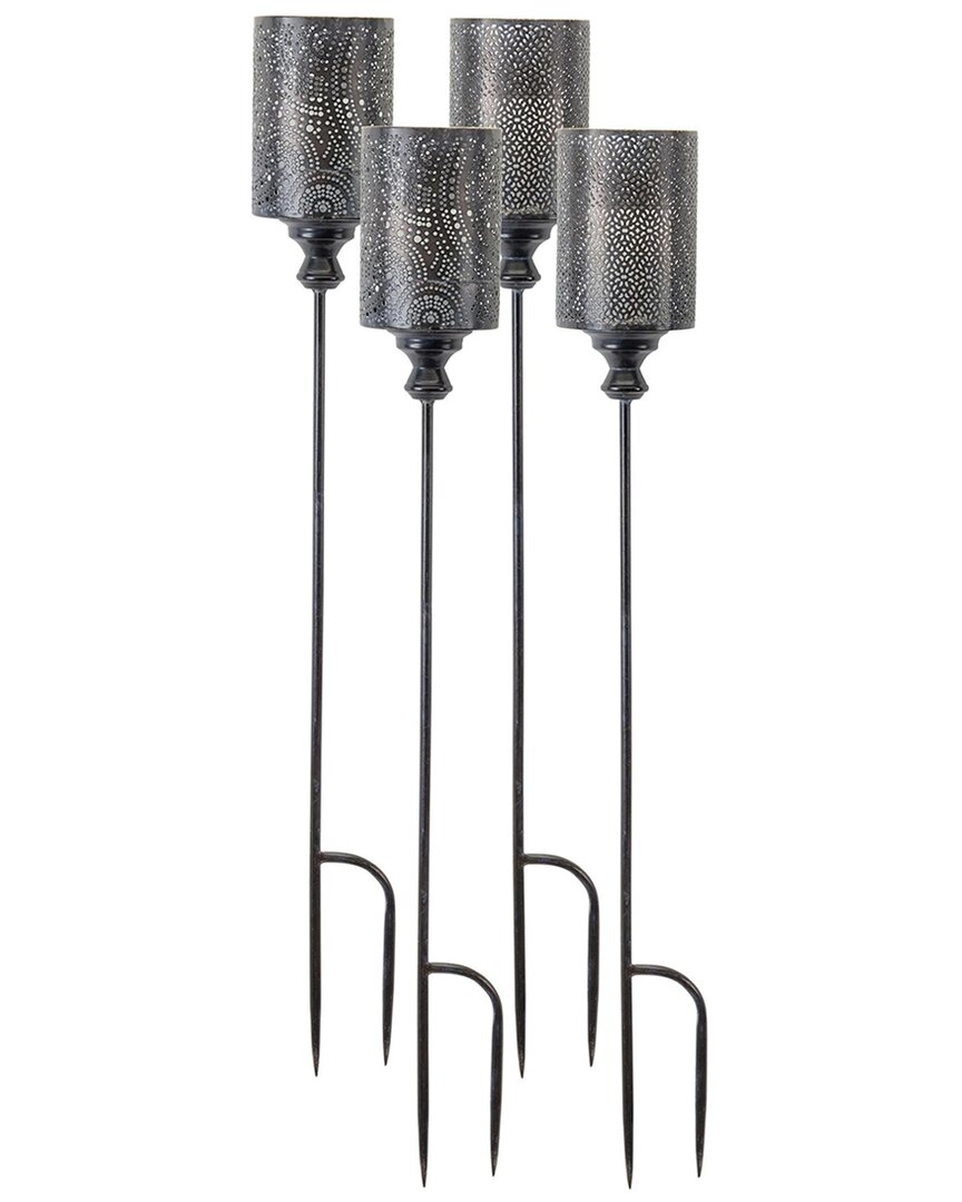 Melrose International Set Of 4 Black Punched Metal Candle Holder Garden Stake In Black