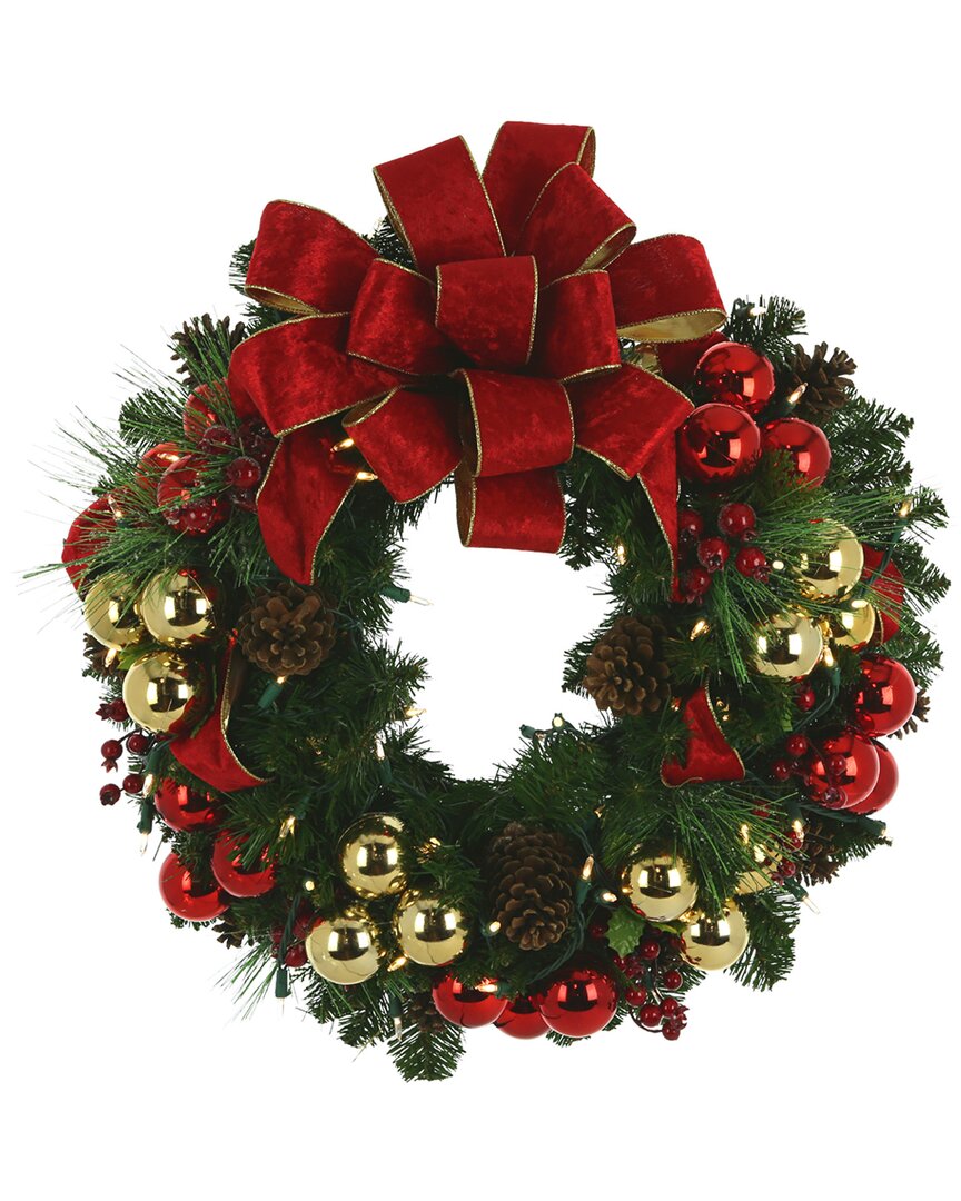 CREATIVE DISPLAYS CREATIVE DISPLAYS 26 LED LIT EVERGREEN WREATH WITH BERRIES, BALLS, RED BOW