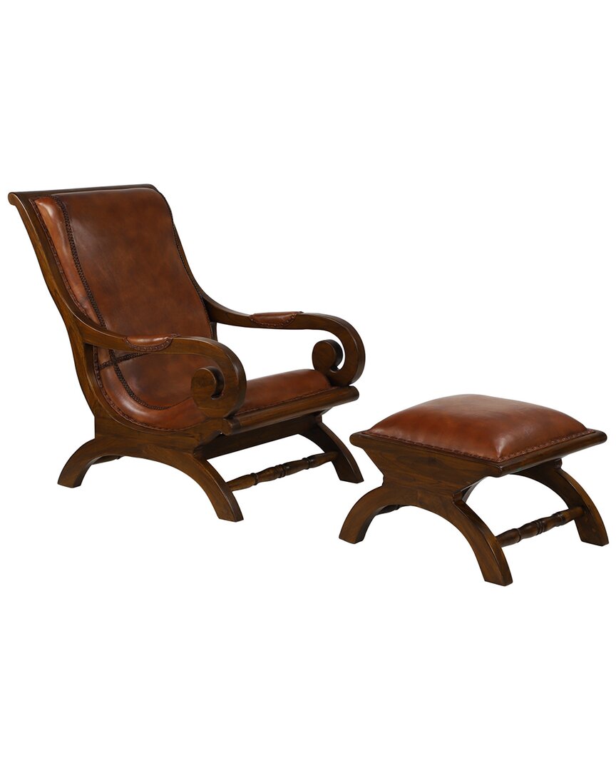Peyton Lane Set Of 2 Traditional Teak Accent Chairs With Ottoman In Brown