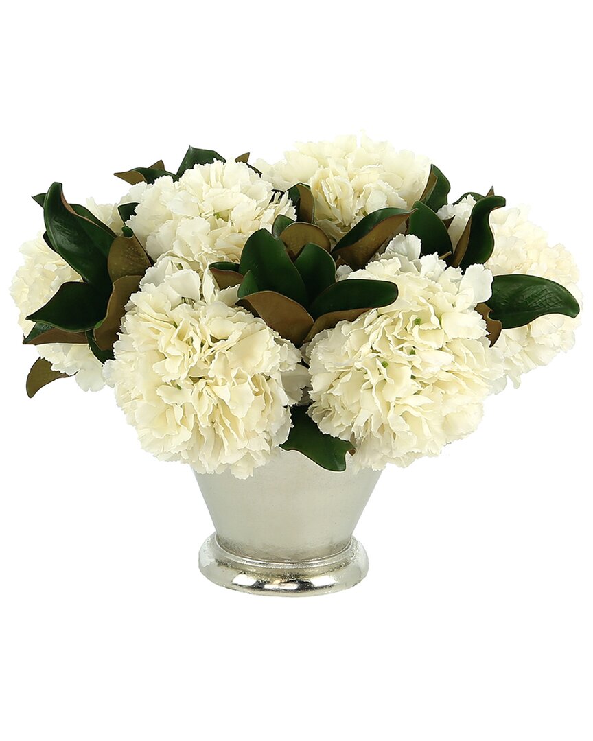 Creative Displays White Hydrangea And Magnolia Leaf Arrangement In A Silver Metal Vase