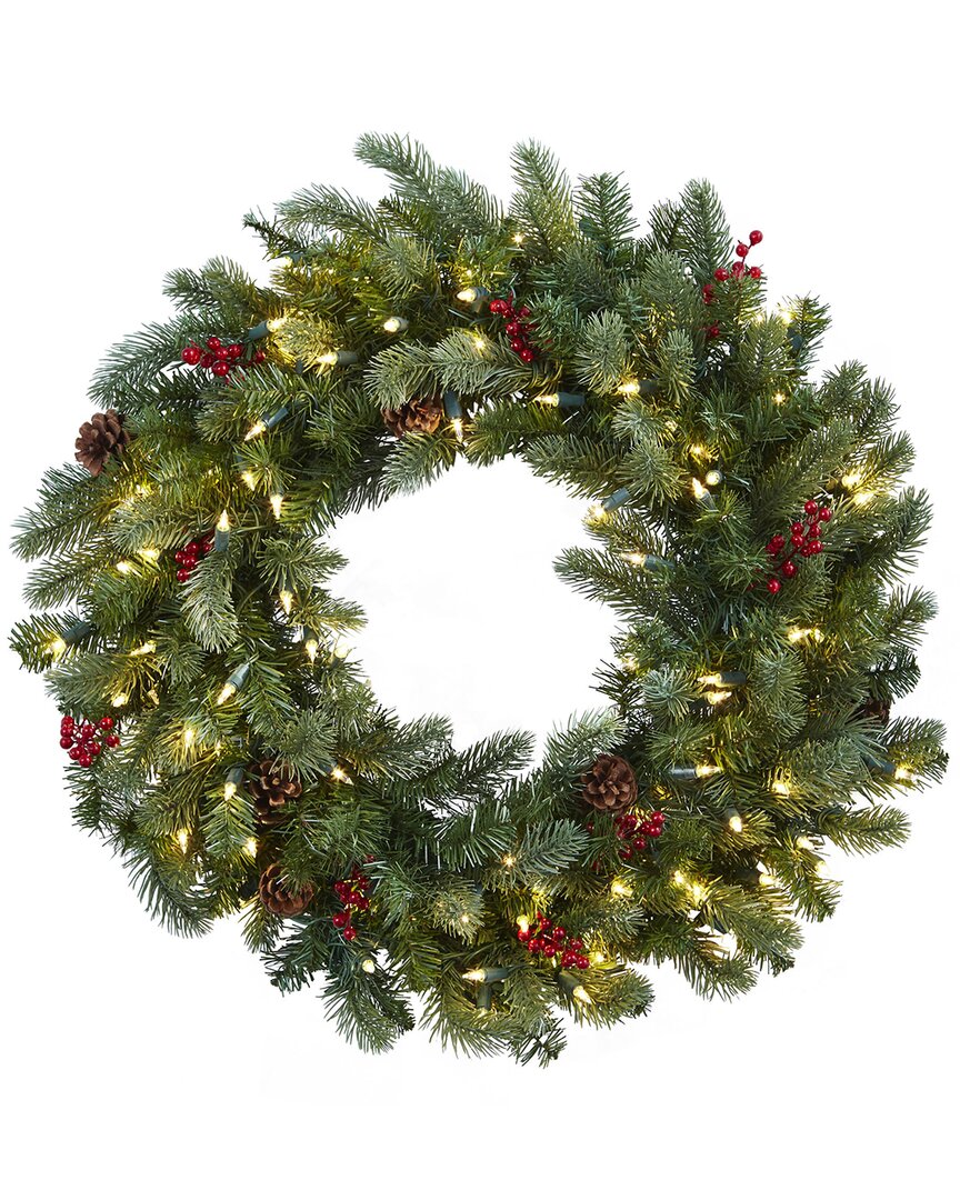 Nearly Natural 30in Lighted Pine Wreath With Berries & Pinecones In Green