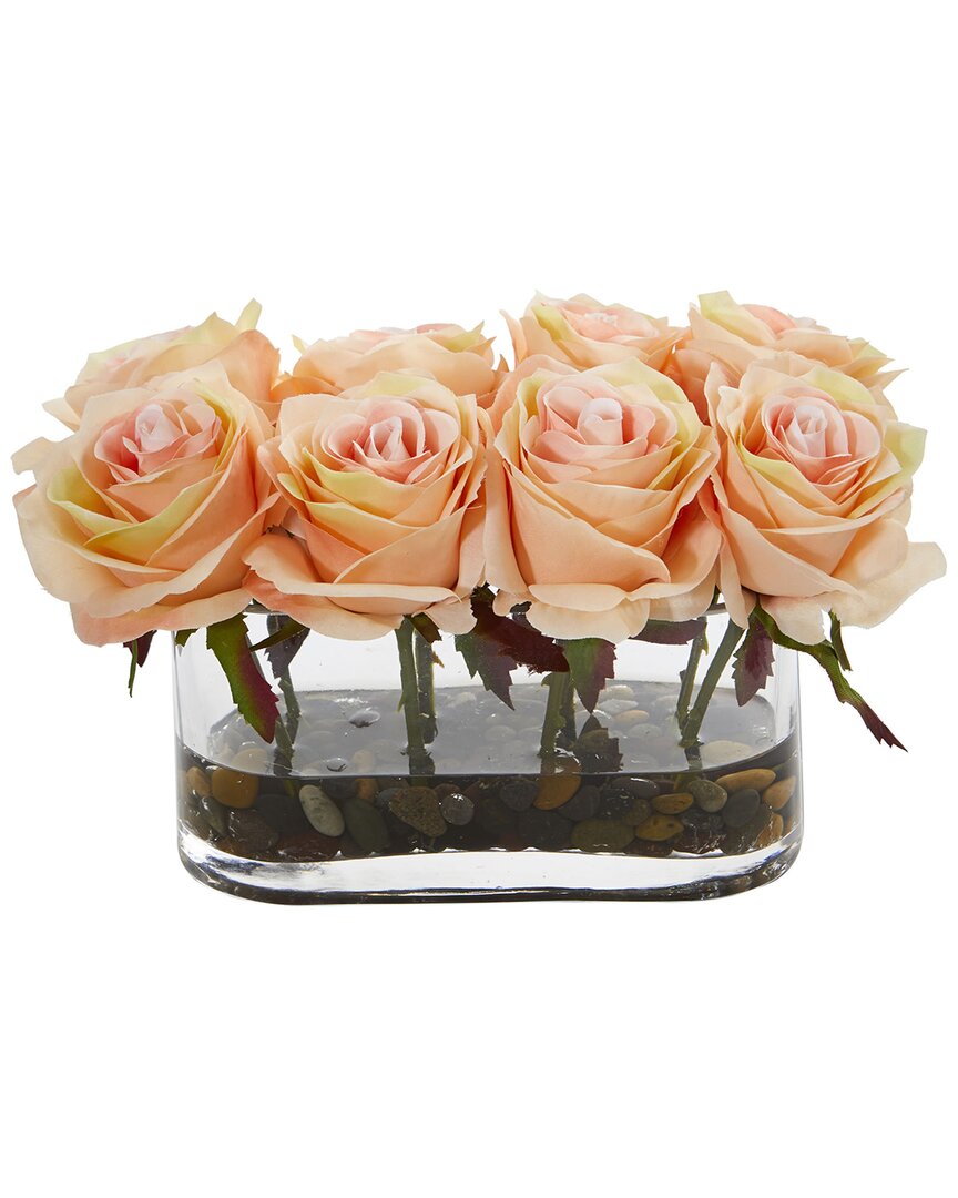 Nearly Natural 5.5in Blooming Roses In Glass Vase Artificial Arrangement In Peach