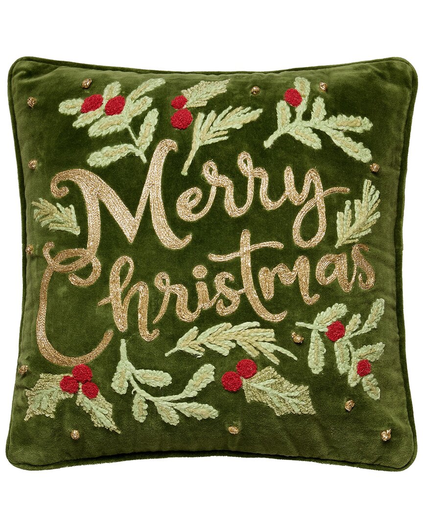 Peking Handicraft Merry Christmas Embroidered Pillow In Green