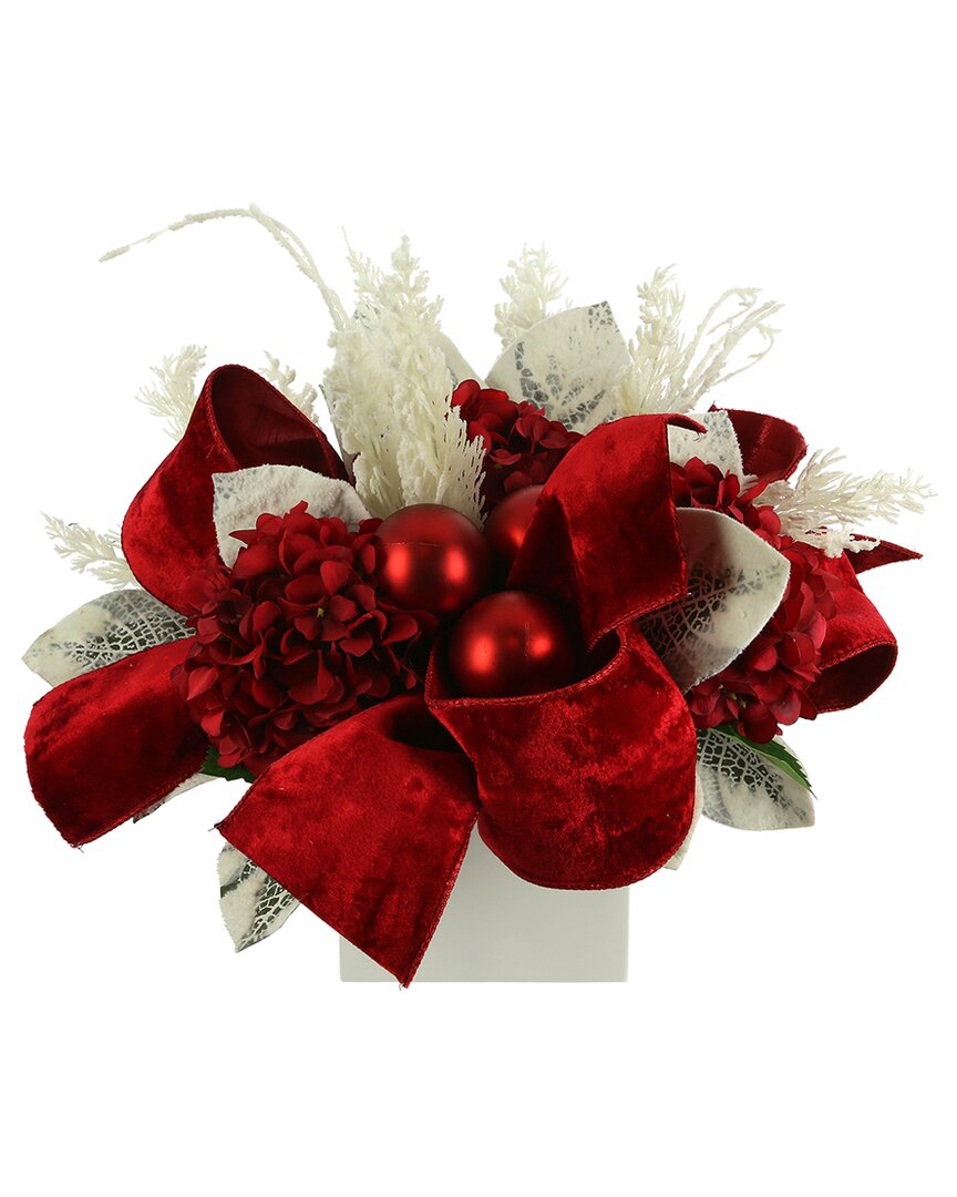 Creative Displays Christmas Arrangement With Hydrangeas, Snowy Branches & Bows In Red