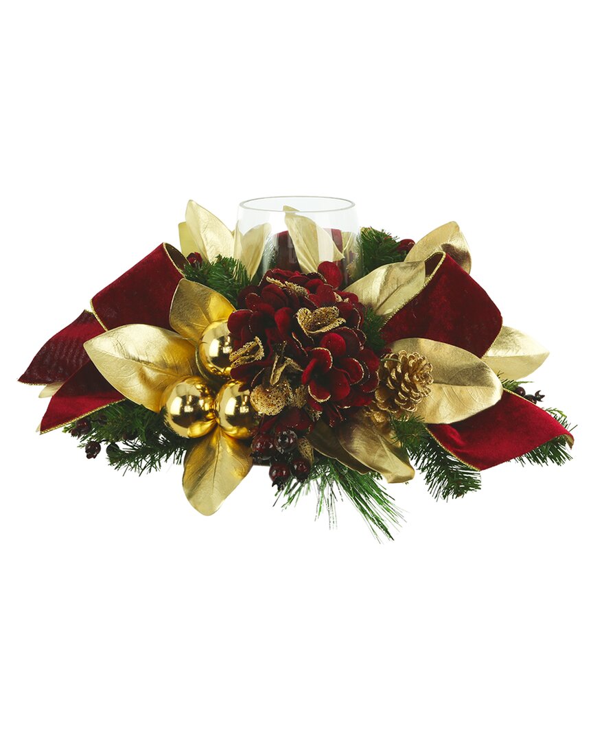 Creative Displays Christmas Candleholder With Hydrangeas & Magnolia Leaves In Red