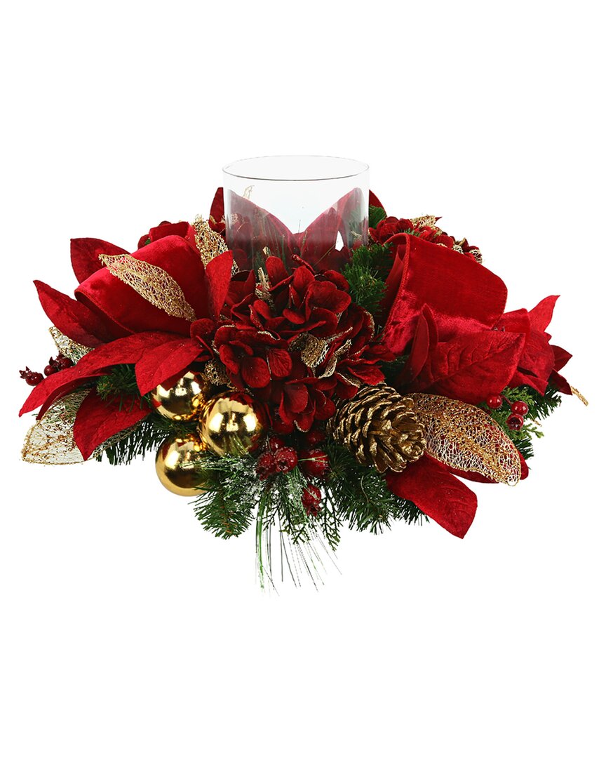 Creative Displays Magnolia Leaf Christmas Candleholder With Hydrangeas In Red
