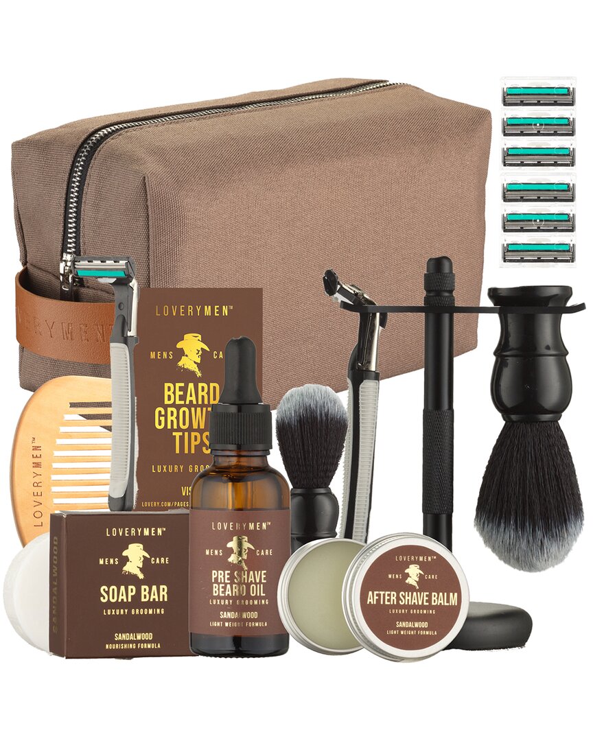 Lovery Ultimate Beard Shaving Kit Wrapped In A Luxury Brown Leather Bag
