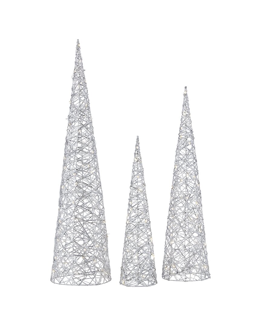 Seasonal Llc Set Of 3 Metallic Silver Cones, Pre-lit In Green