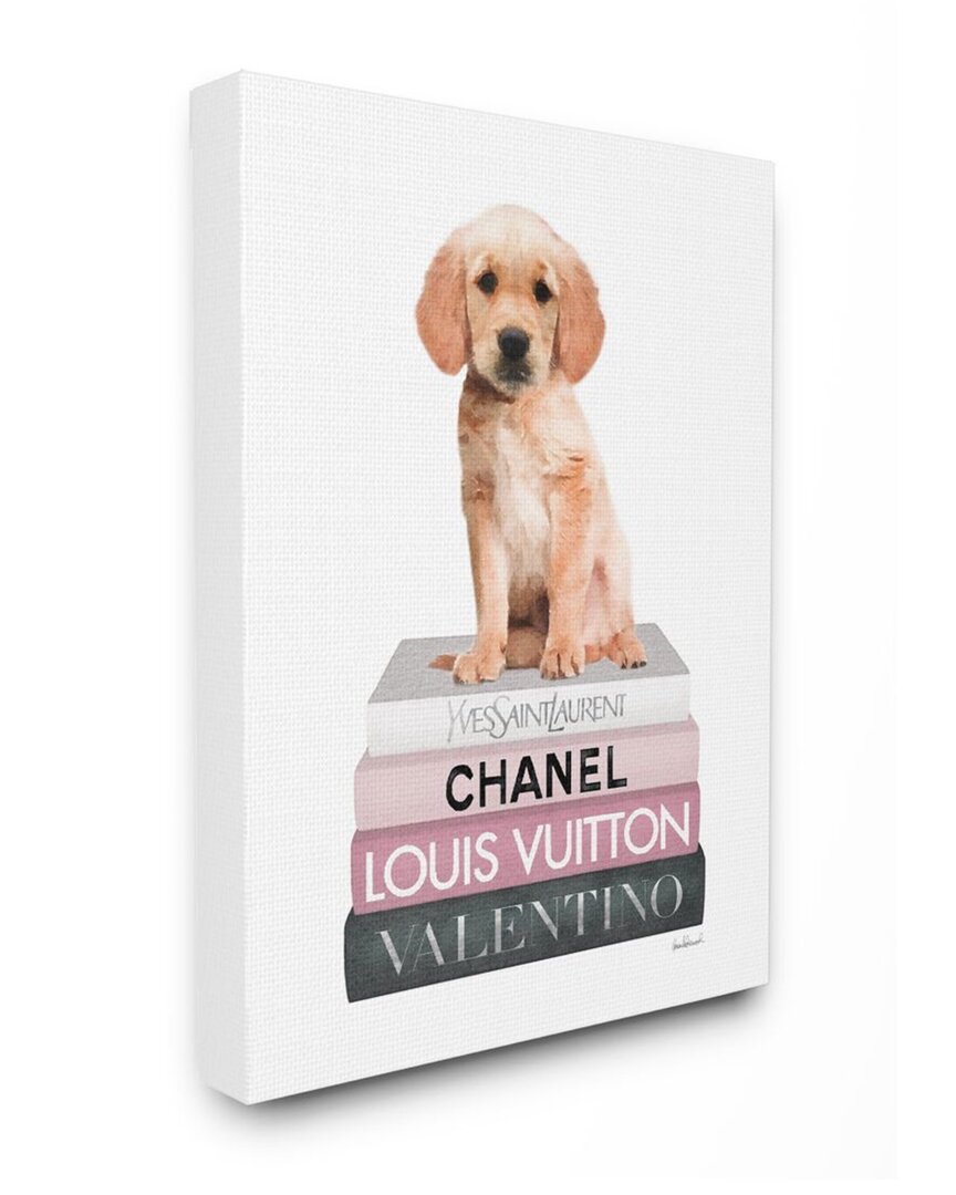 Stupell Adorable Puppy Sitting On Glam Fashion Book Wall Art In White