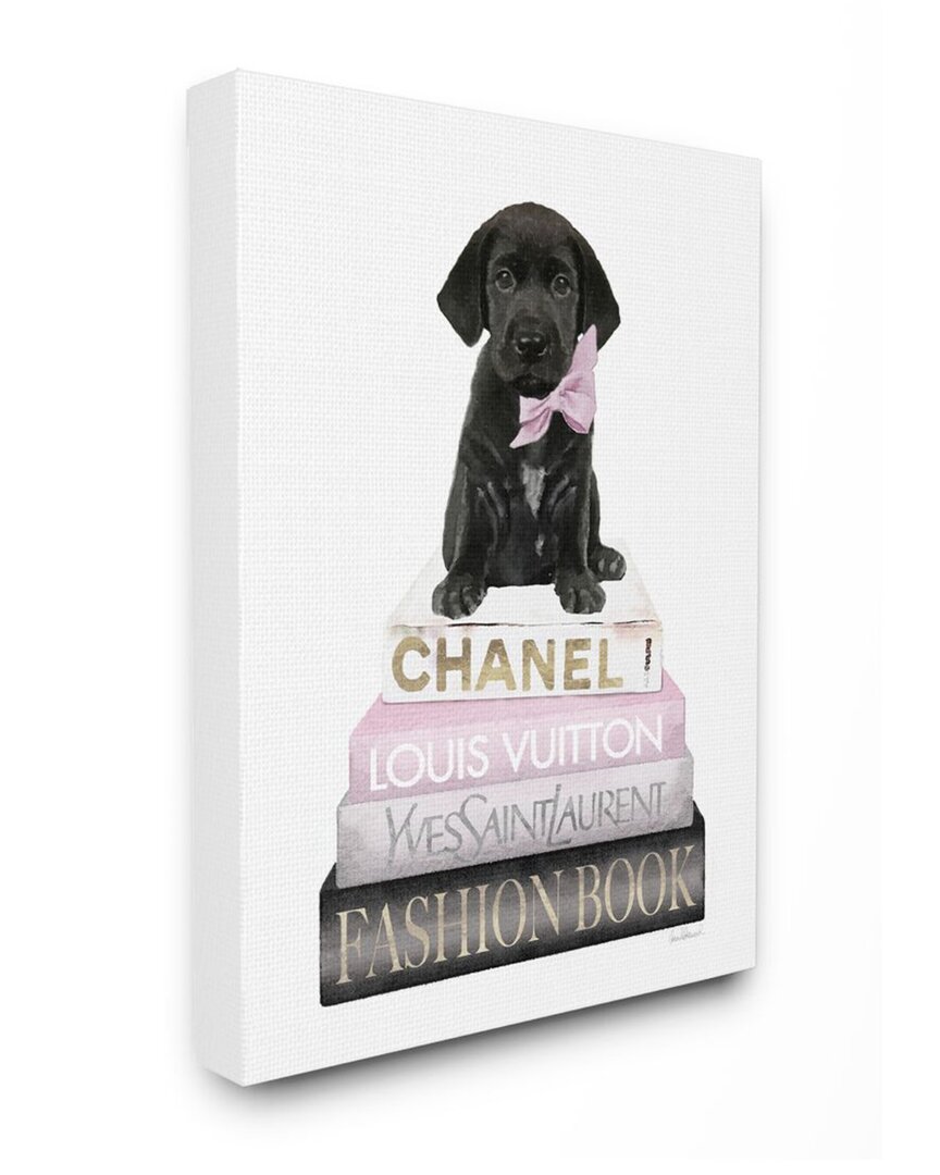Stupell Black Puppy With Pink Bow On Glam Book Stack Wall Art In White