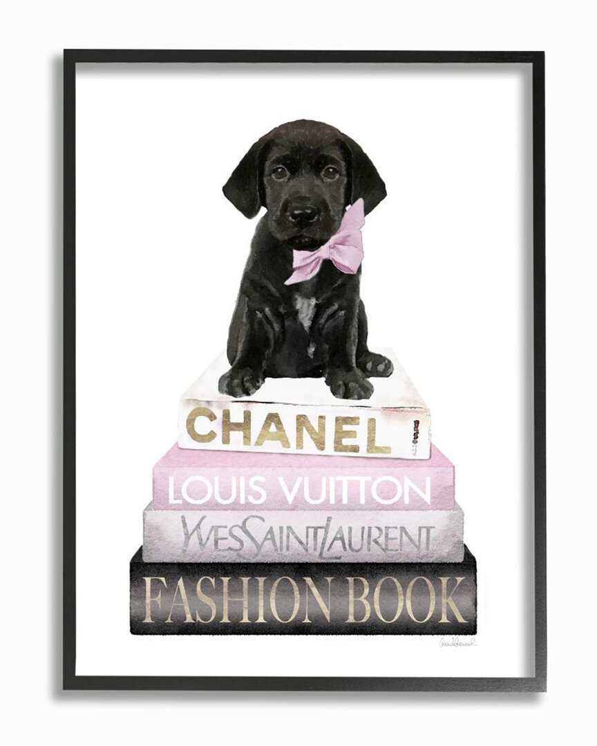 Stupell Black Puppy With Pink Bow On Glam Book Stack Wall Art In White