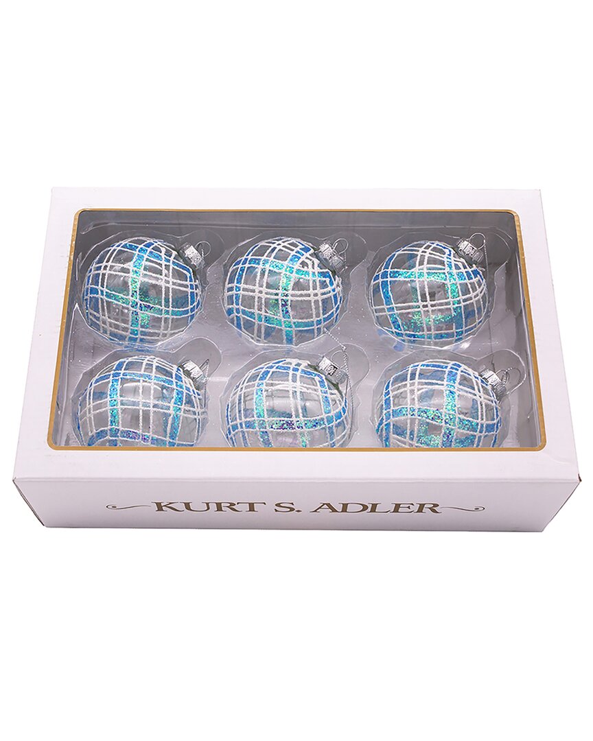 Kurt Adler 80mm Plaid Light Blue & Clear Glass Ball Ornaments, 6pc Set In Blue