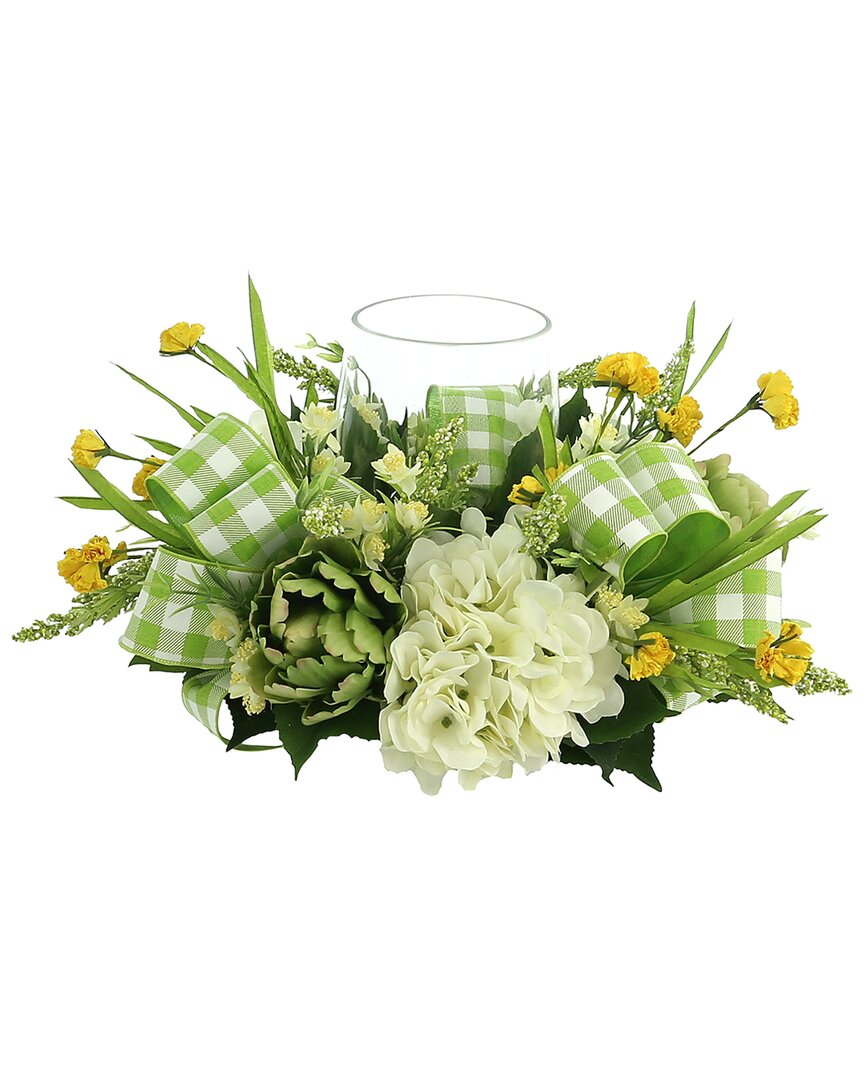 Creative Displays Hydrangea And Carnation Glass Candle Holder Centerpiece With Bows In White