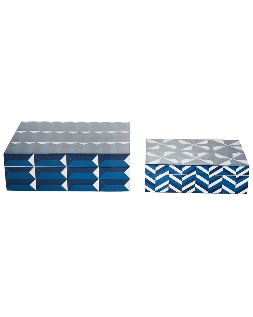 Tozai Home Set Of 2 Covered Boxes With Inlaid Geometric Design In Blue