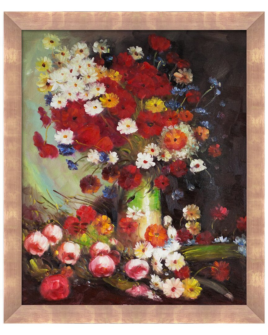 La Pastiche By Overstockart Vase With Poppies Cornflowers Peonies And Chrysanthemums In Gold