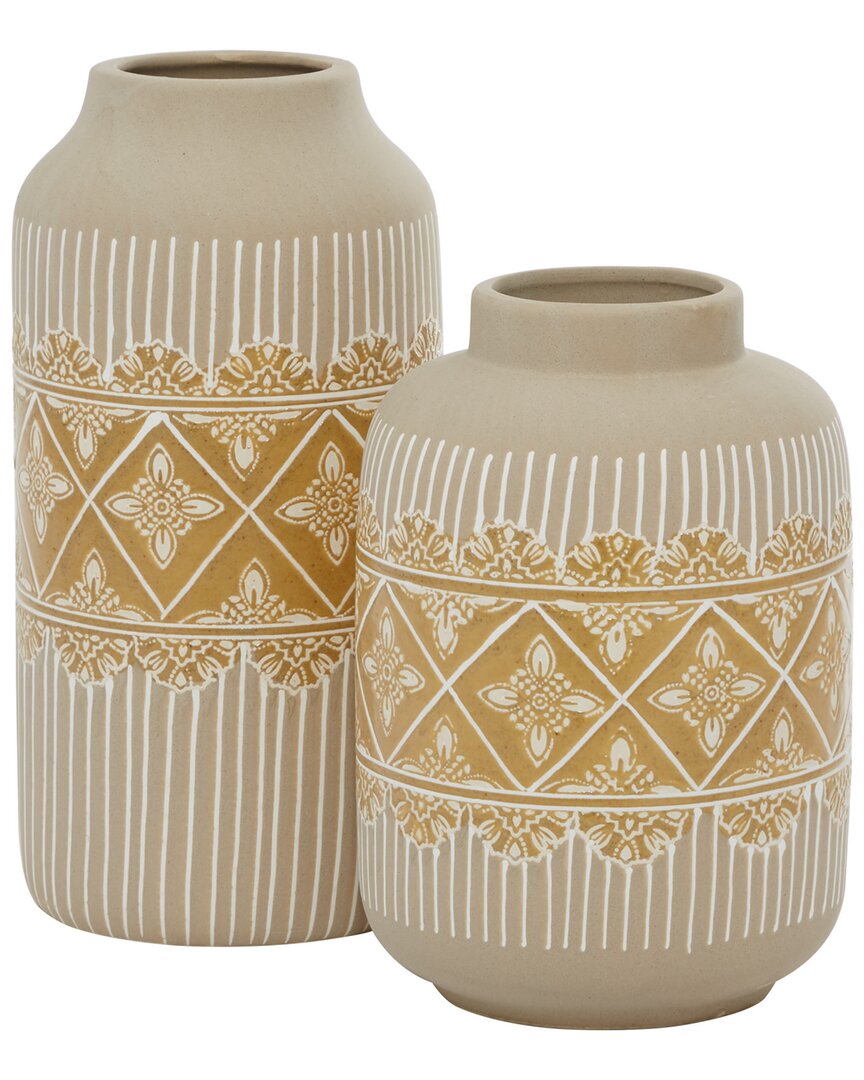 Peyton Lane Set Of 2 Bohemian Cylinder Ceramic Vase In Beige