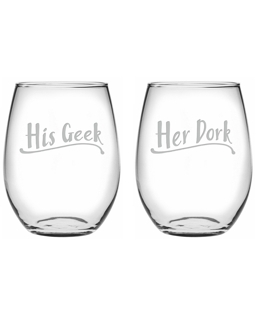 Susquehanna Glass Set Of 2 His Geek & Her Dork Stemless Wine Glasses