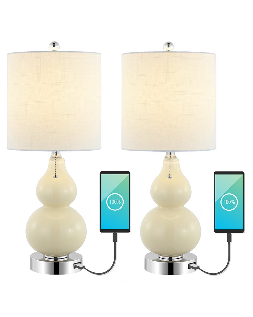 Jonathan Y Cora 22in Set Of 2 Vintage Glass Led Table Lamp With Usb Charging Port In Cream