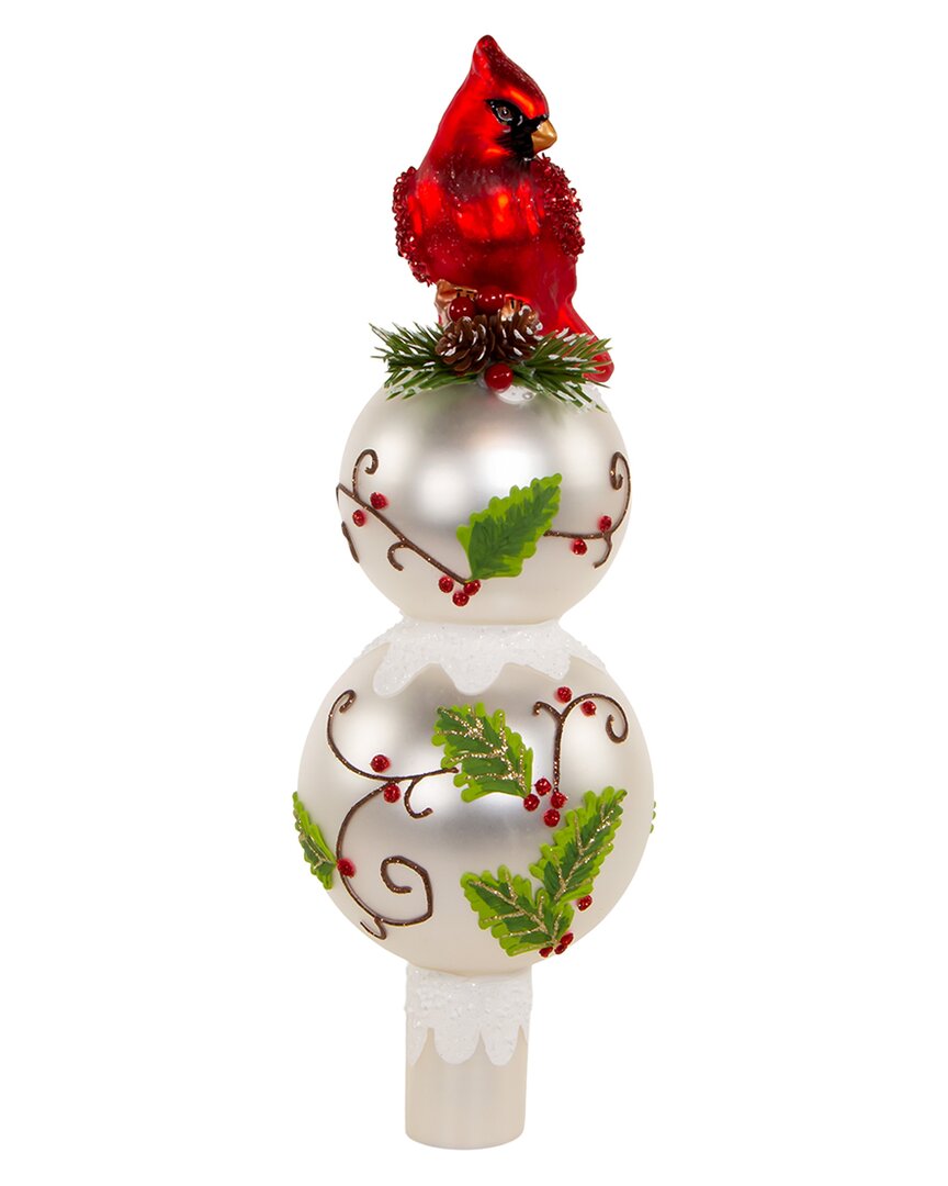 Kurt Adler 12in Glass Holly & Cardinal Tree Topper In Red