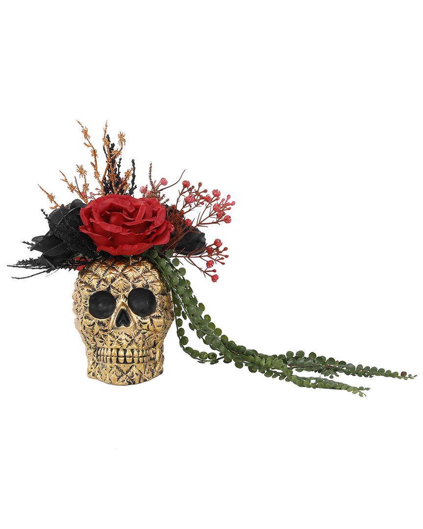Flora Bunda Halloween Floral Arrangement W Rose String Of Peas In 6.25in Ceramic Skull In Gold