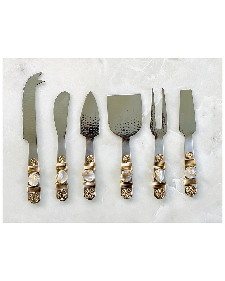Tiramisu Mother Of Pearl And Steel Cheese Tools (set Of 6) In Silver