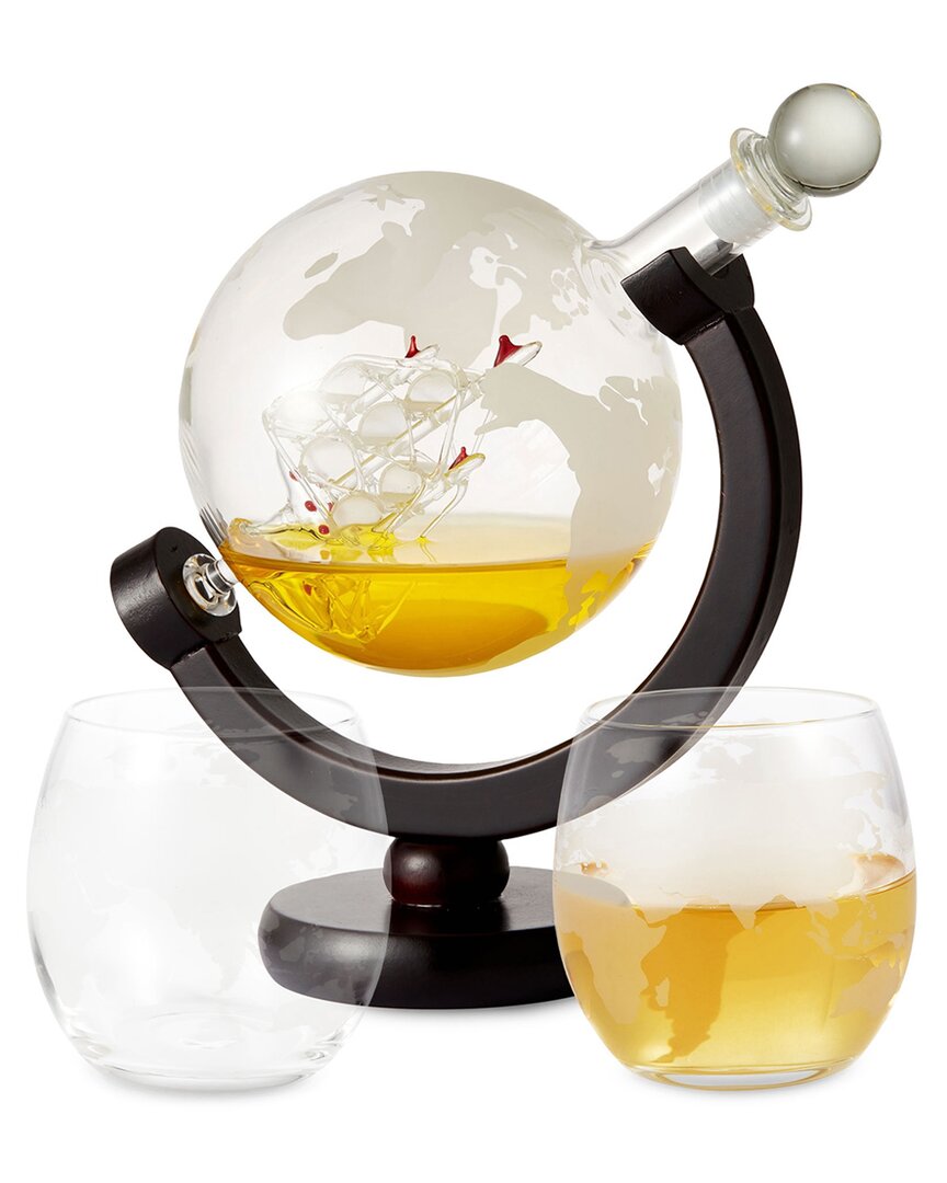 Berkware Globe Decanter With Handcrafted Glass Ship Inside & 2 Glasses
