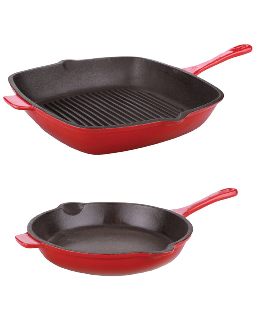 Berghoff Neo 2pc Cast Iron Set, 10" Fry Pan & 11" Grill Pan In Red