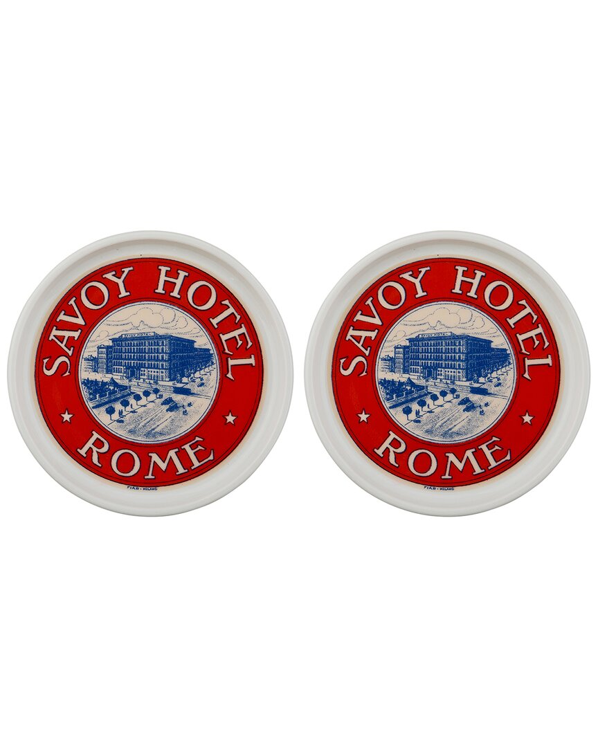 Rosanna Set Of 2 The Grand Tour Italy Coasters: Savoy Hotel In Red