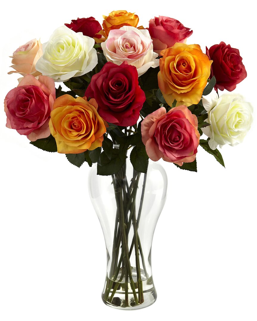 Nearly Natural Assorted Blooming Roses With Vase In Multi