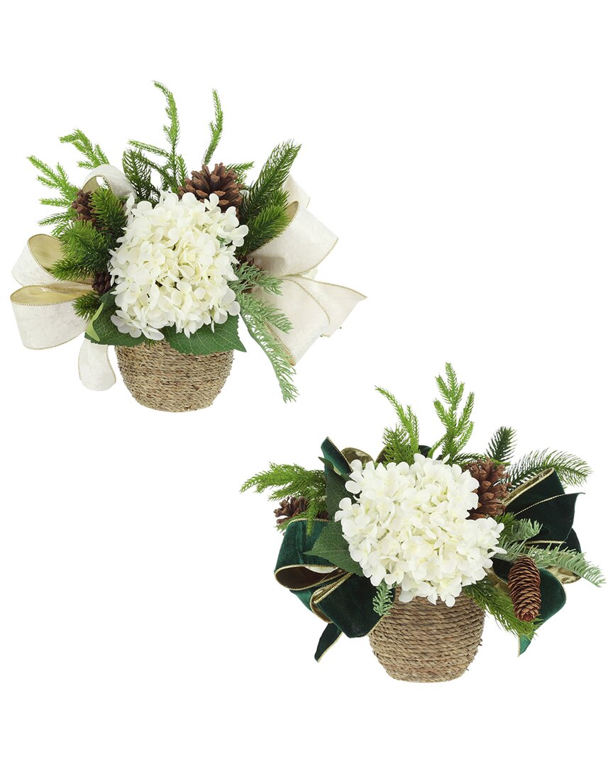 Creative Displays Set Of 2 Christmas Holiday Arrangements With Hydrangeas & Bows In White
