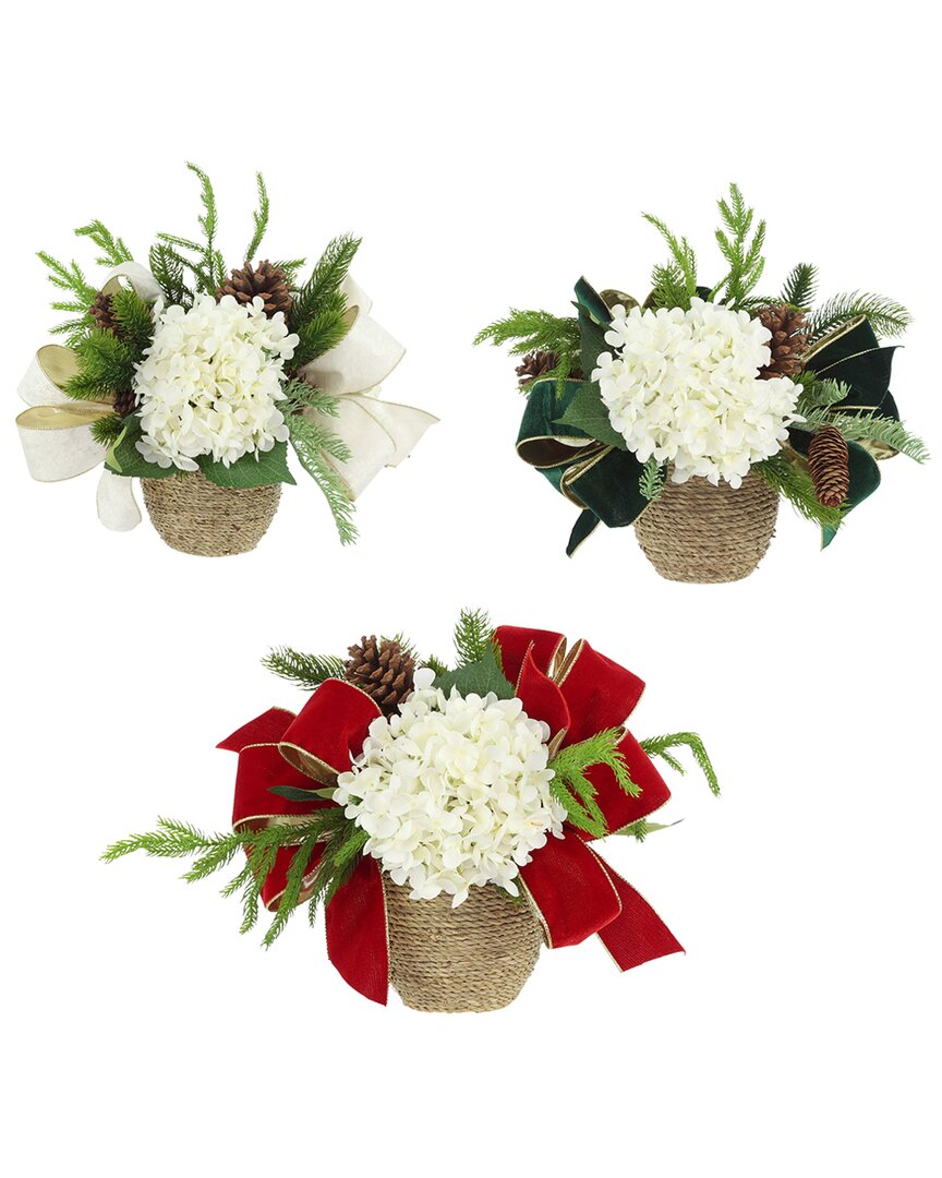 Creative Displays Set Of 4 Christmas Holiday Arrangements With Hydrangeas & Bows In White