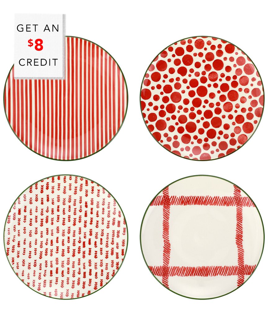 Vietri Mistletoe Assorted Salad Plates Set Of 4 Salad Plates With $7 Credit In Red