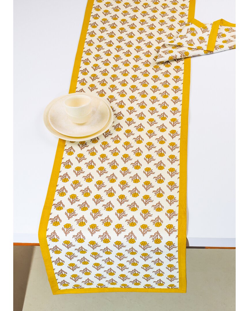 Tiramisu Golden Marigold Block Print Table Runner In Yellow