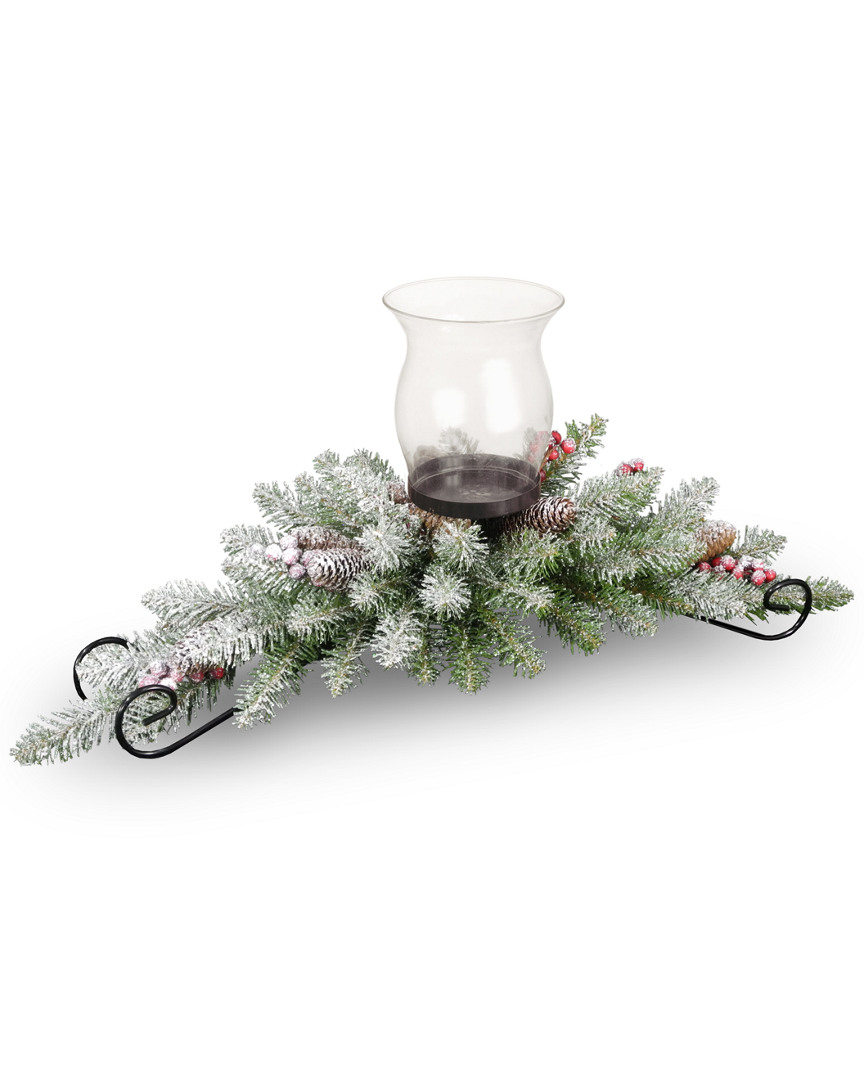 National Tree Company 30in Dunhill Fir Centerpiece With Snow, 9 Cones, 6 Red Berries & 1 Candle Hold