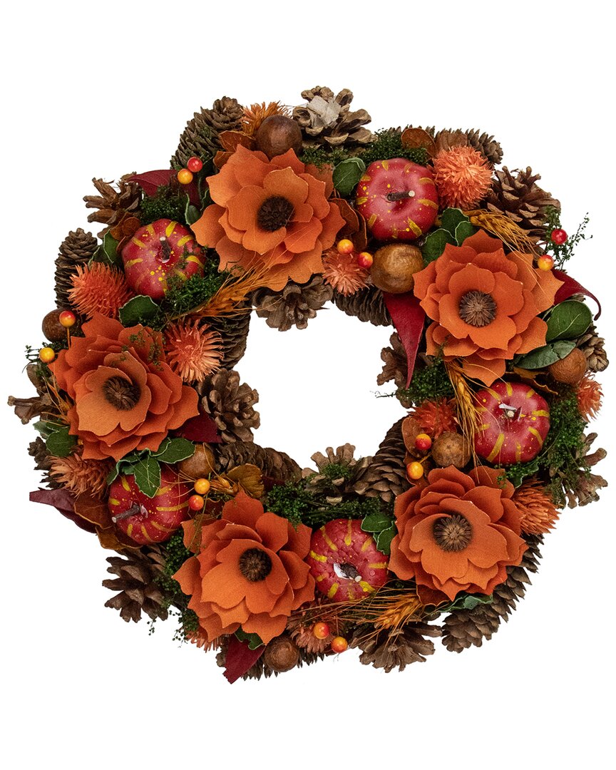 Northlight Autumn Harvest Orange Flowers And Gourds Pine Cone Wreath  13.25-in Unlit In Orange