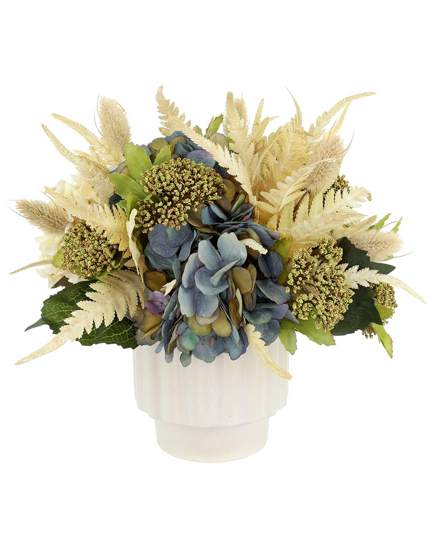 CREATIVE DISPLAYS CREATIVE DISPLAYS MODERN FALL CENTERPIECE WITH BLUE HYDRANGEAS & CREAM FERNS 