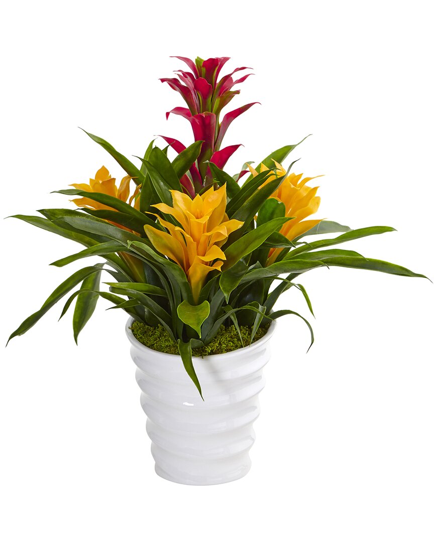 NEARLY NATURAL NEARLY NATURAL TROPICAL BROMELIAD ARTIFICIAL PLANT IN WHITE SWIRL VASE