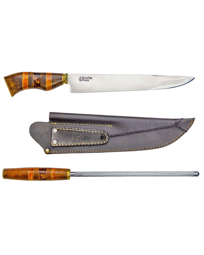 Brazilian Flame 10in Traditional Line Knife With Sharpener In Brown