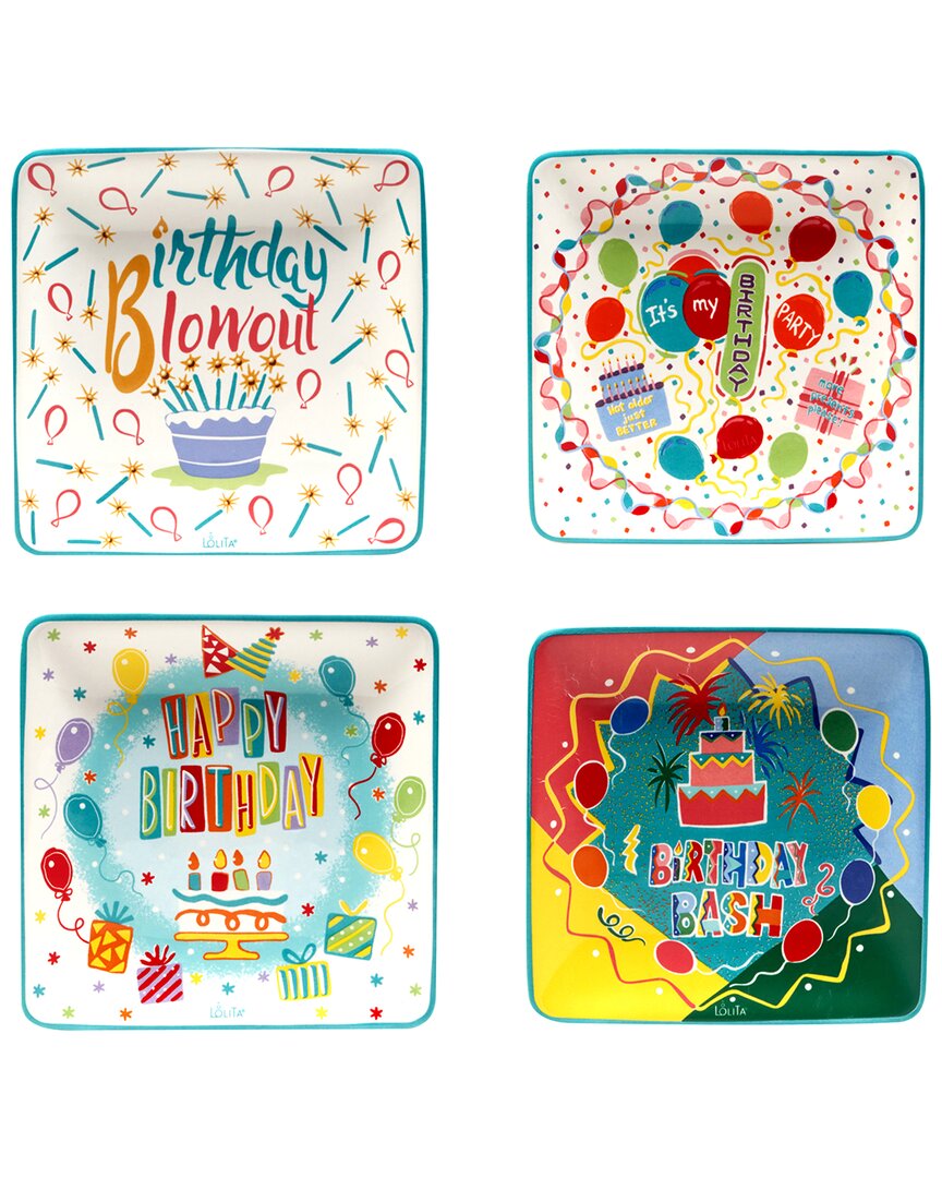 Lolita Certified International  Birthday Bash Square Canape Plates (set Of 4)