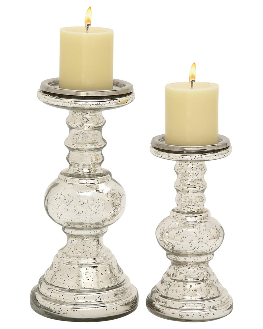 Uma Enterprises Set Of 2 Glass Handmade Turned Pillar Decorative Candle Holders