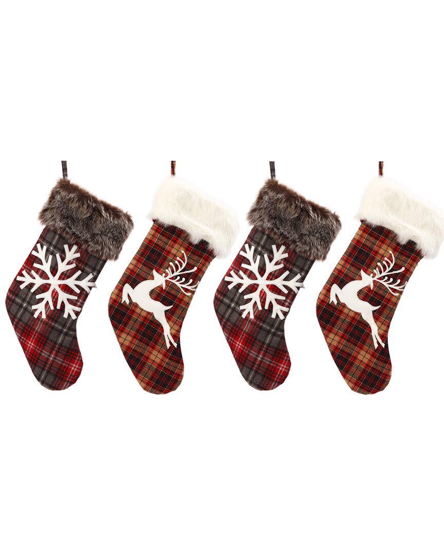 Gerson International Set Of 4 Faux Fur Trimmed Buffalo Plaid Stockings In Red