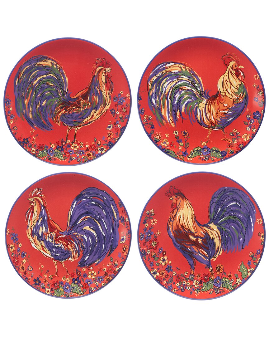 Certified International Morning Rooster Set Of 4 Salad Plates In Red